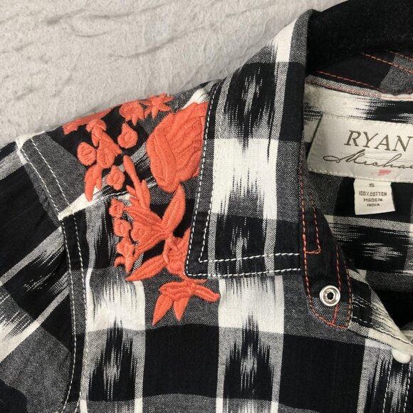 Ryan Michael Shirt Womens Small Black White Plaid Western Pearl Snap Embroidered - Picture 7 of 16